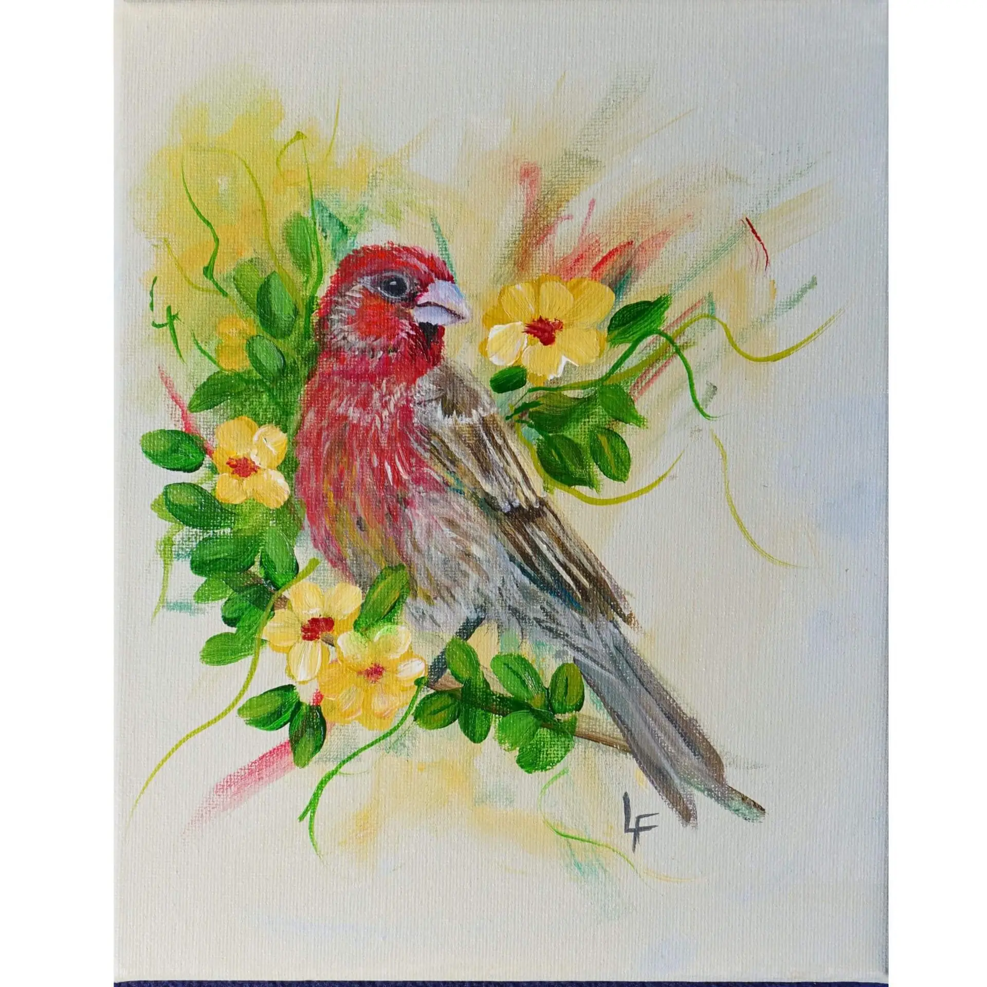 a painting of a bird on a branch with yellow flowers