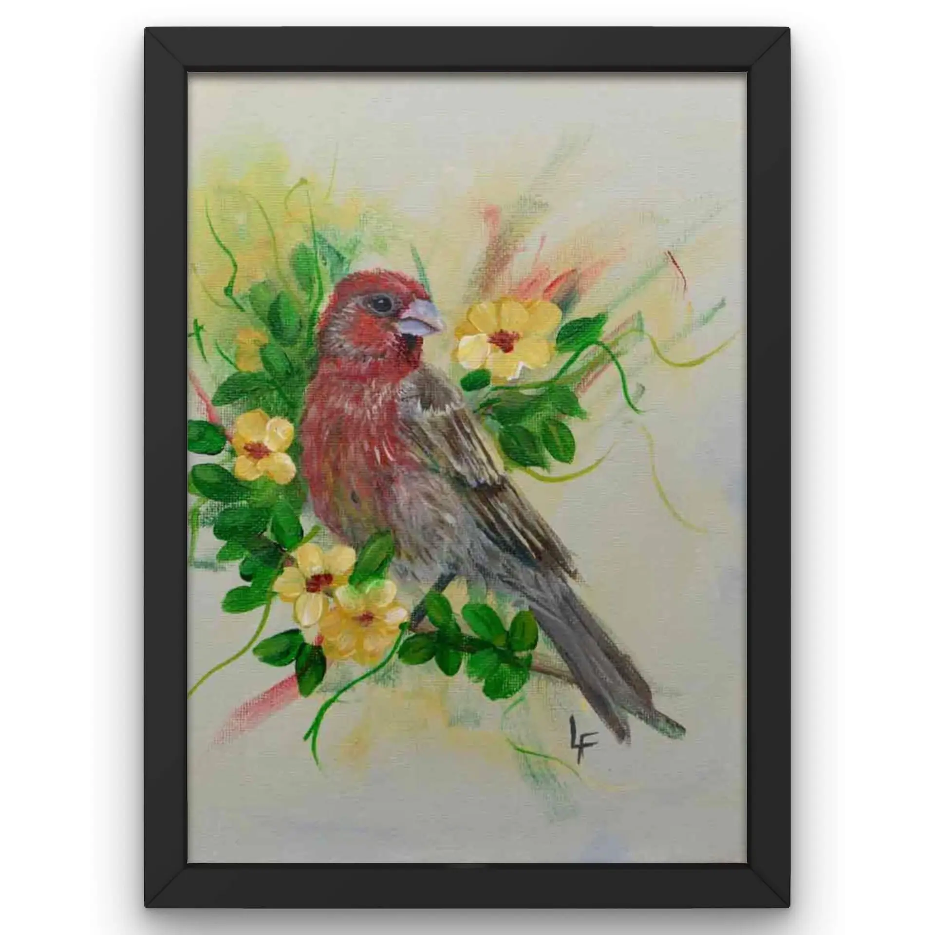 House Finch with bright yellow flowers original art bird art