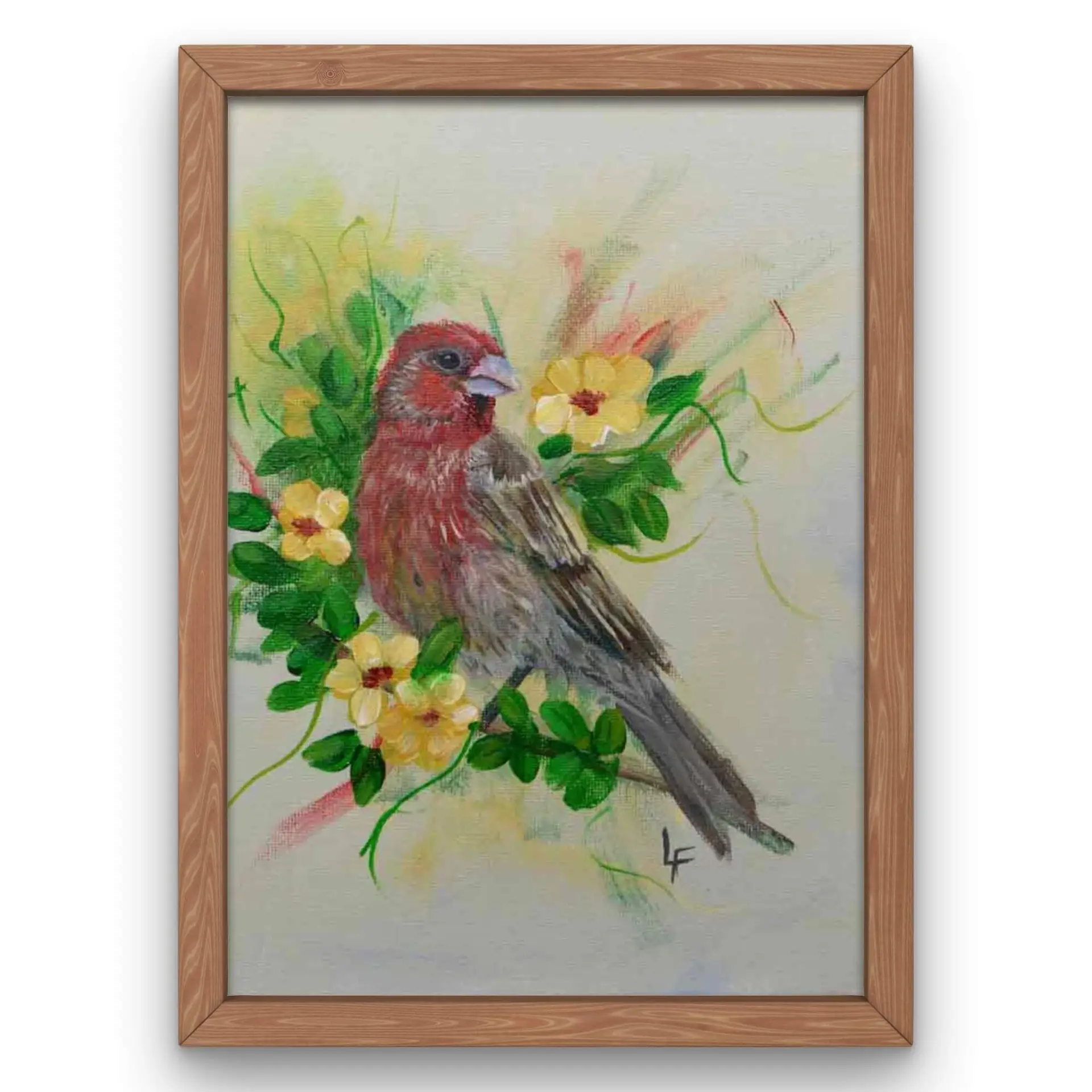 House Finch with bright yellow flowers original art bird art