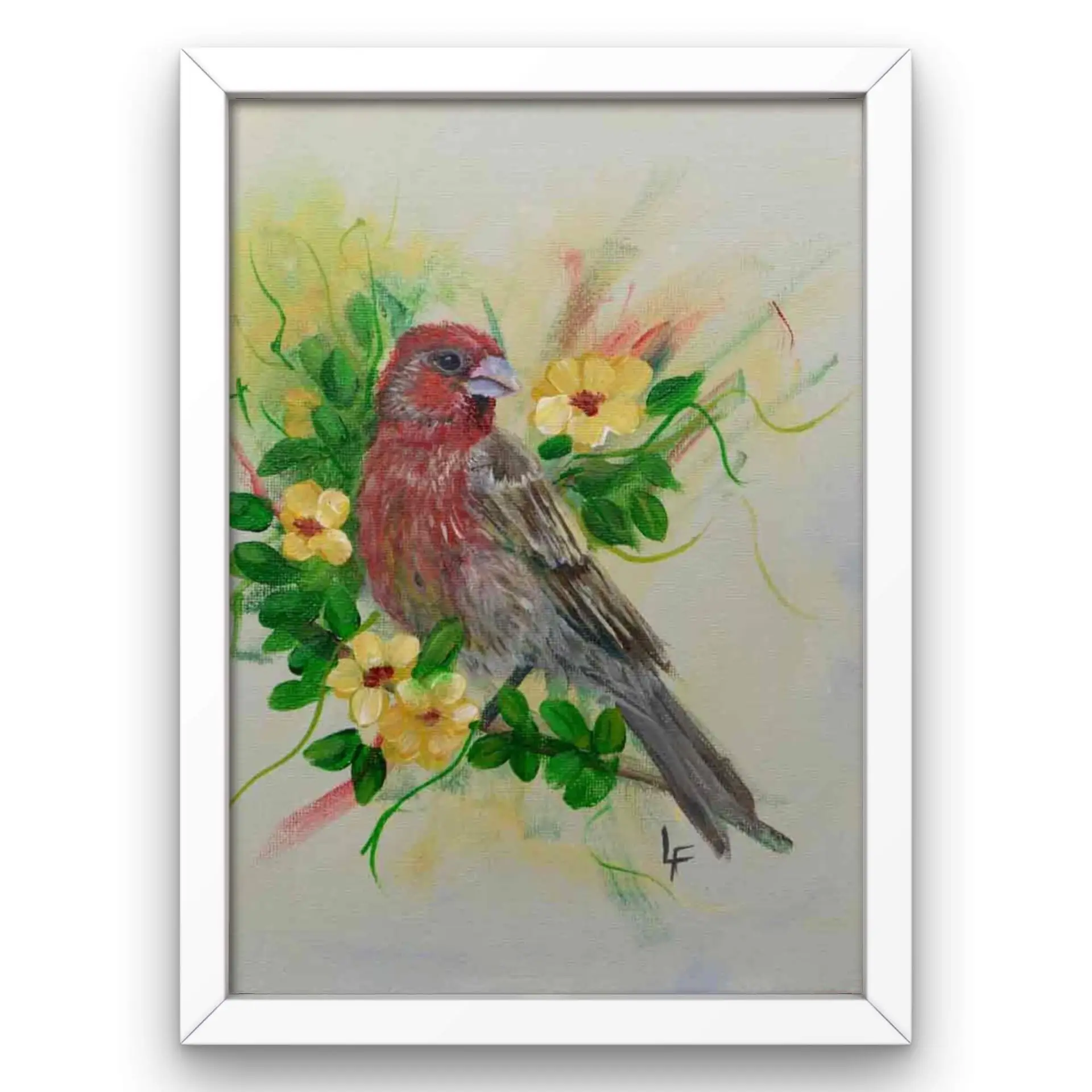 House Finch with bright yellow flowers original art bird art