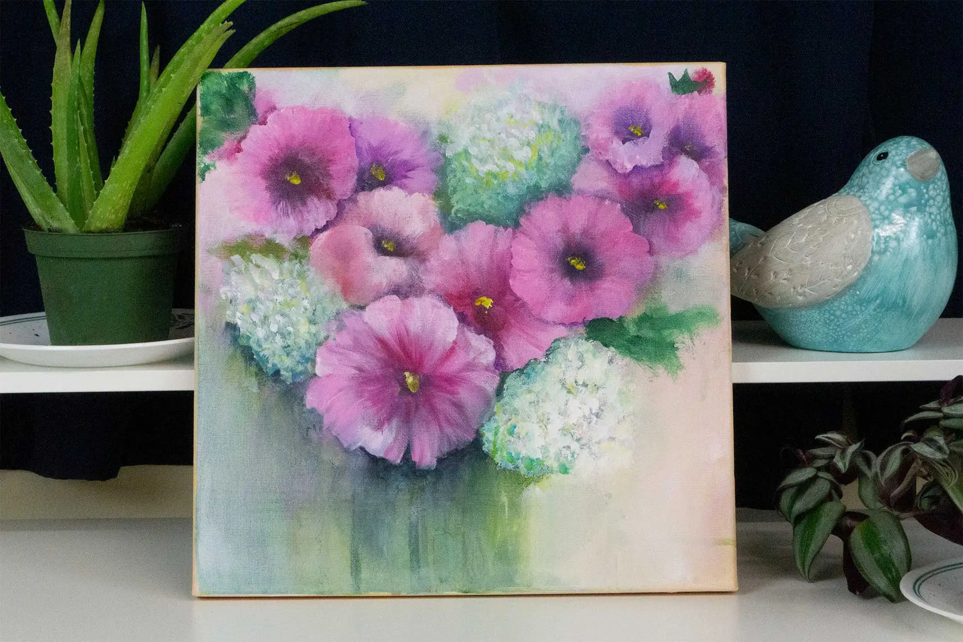 Hollyhock Blooms hydrangeas original art