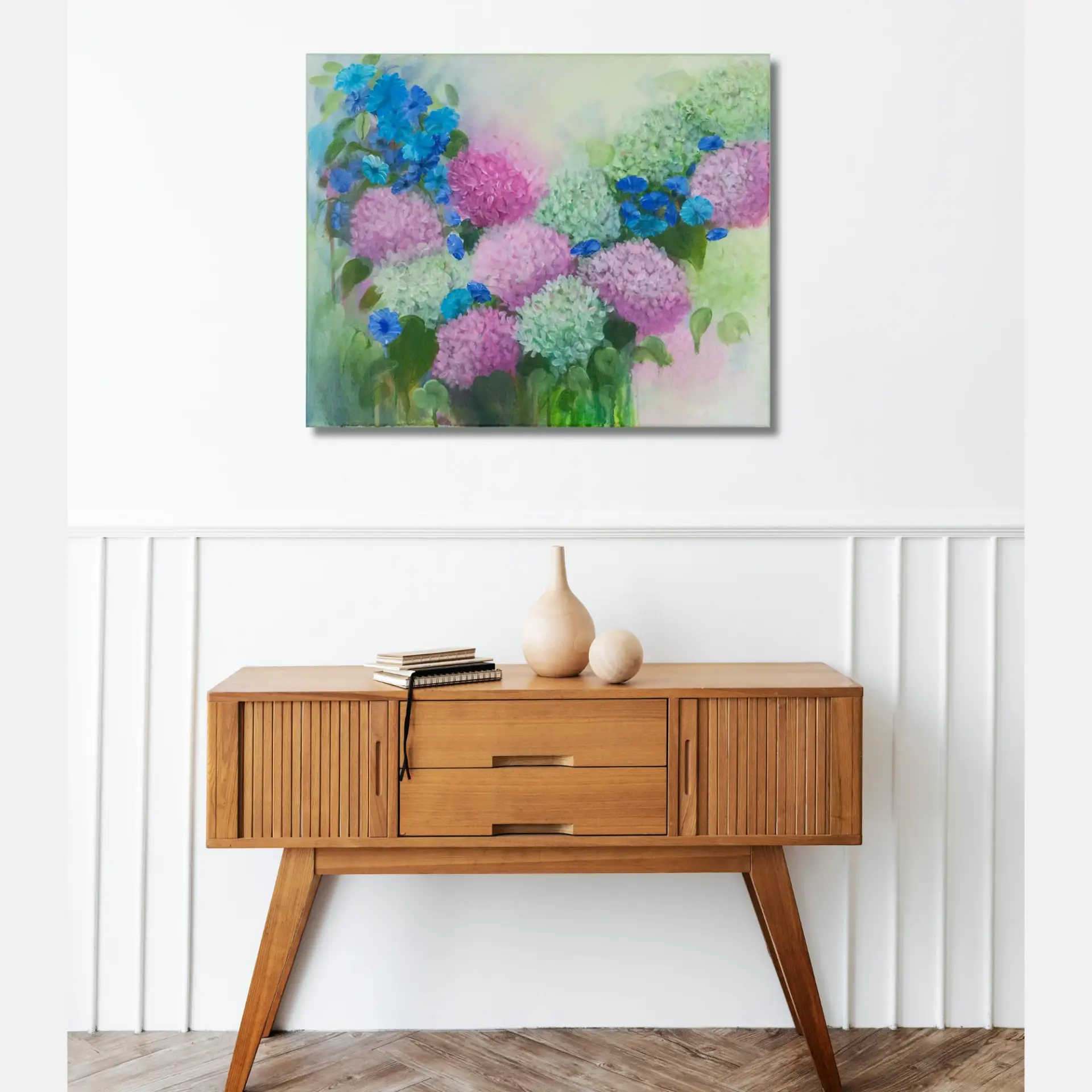 Pink hydraingeas Morning Glories & Hydrangeas - Soft floral painting