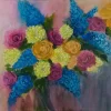 soft blue and yellow dramatic floral painting Celebration soft blue and yellow dramatic floral painting