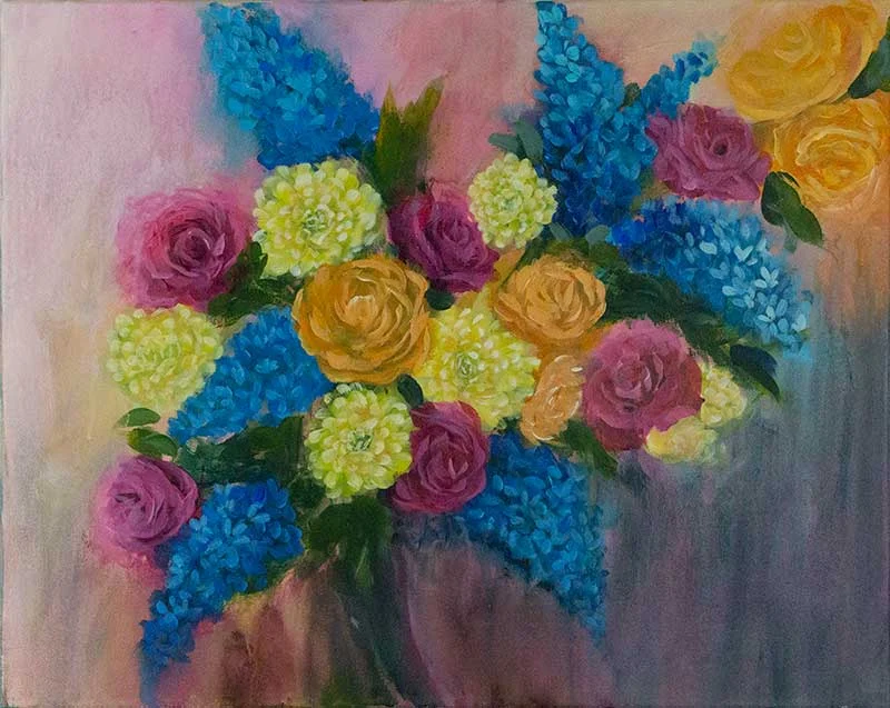 soft blue and yellow dramatic floral painting Celebration soft blue and yellow dramatic floral painting